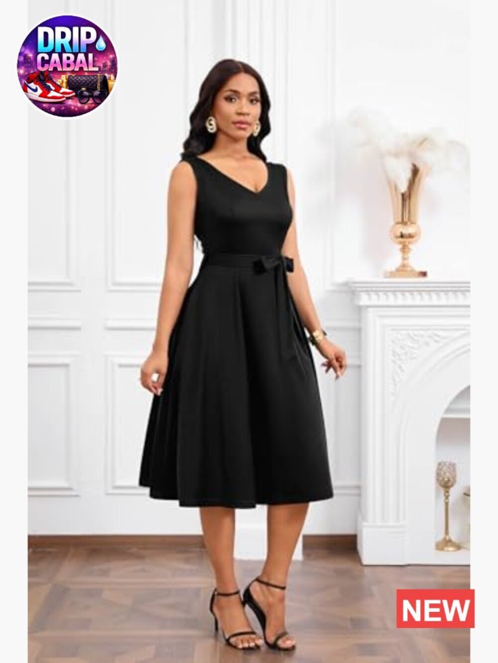 Sleeveless V-Neck Cocktail Dress with Belt and Pockets - Picture 3 of 7